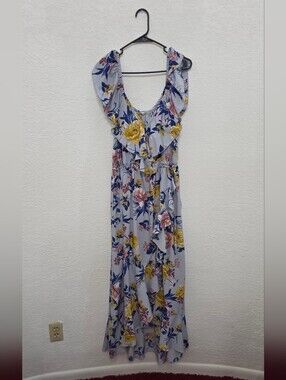 Floral Ruffle Maxi Dress  Light Gray with Yellow & Pink Flowers Indulge